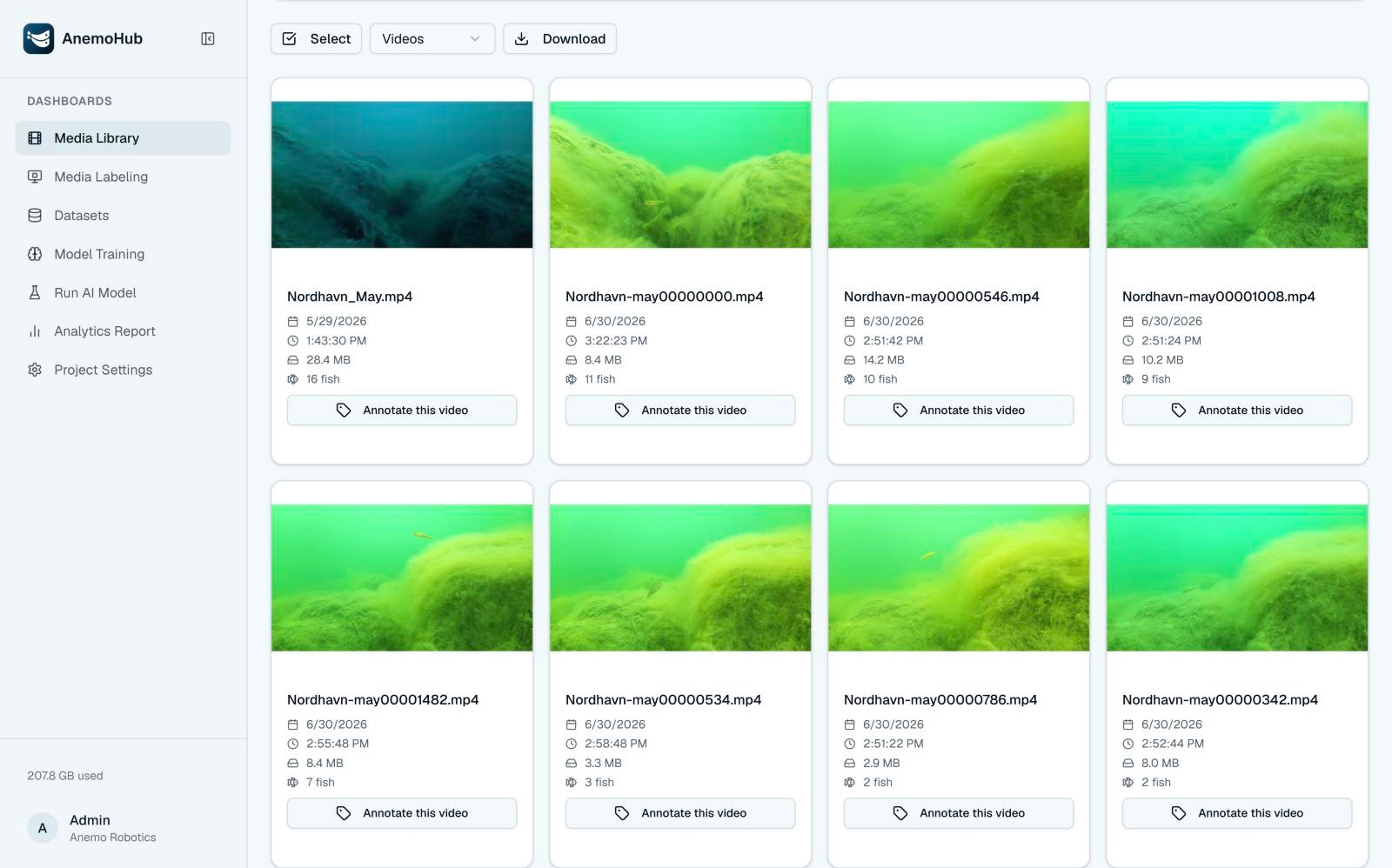 AnemoHub media library: Nordhavn videos with the fish count on each