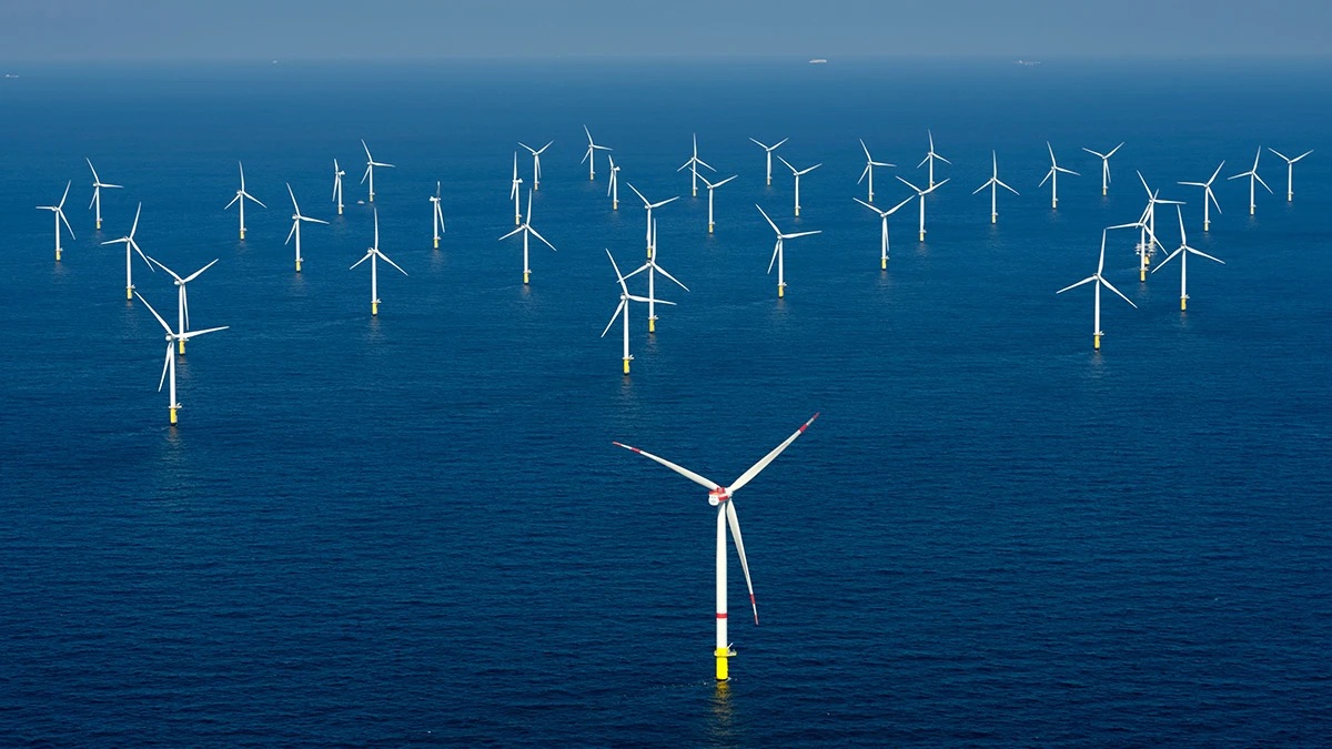 Aerial view of an offshore wind farm